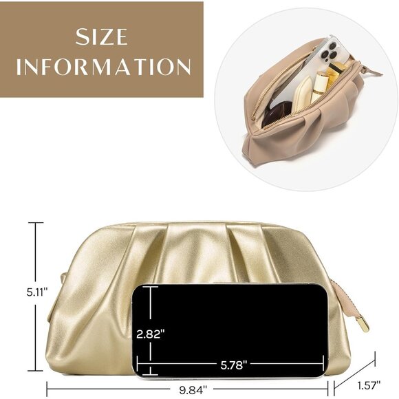 ⚡Women's Soft Pleated Vegan Leather Zipper Closure Evening Gold Clutch Bag - Picture 4 of 6